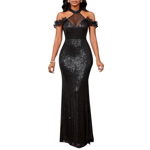 Cololura Women Sexy Sequin Halter Neck Short Sleeve Mesh Perspective Party Bodycon Evening Cocktail Maxi Dress