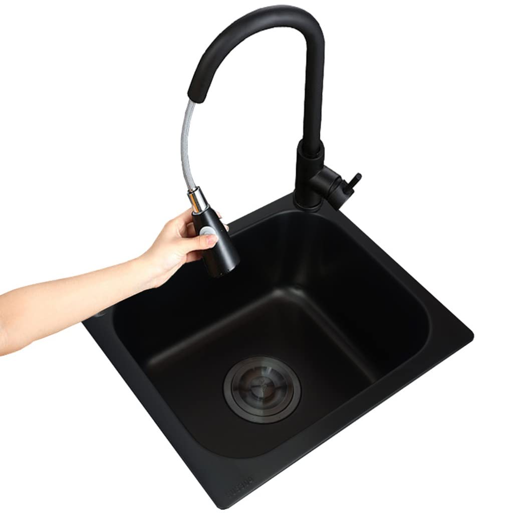 Kitchen Bar Lavello a Vasca Singola Nero con lavandino e lavello di Preparazione Lavello da Incasso in Acciaio Inossidabile con Rubinetto a Tirante e Gruppo di Scarico (Nero 46x40x21 cm)