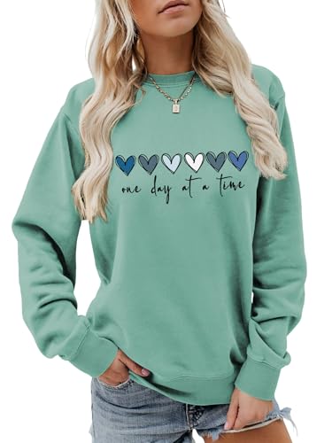 One Day At a Time Sweatshirt Women, Funny Crewneck Long Sleeve Shirt Positive Casual Tops Cute Heart Graphic Pullover
