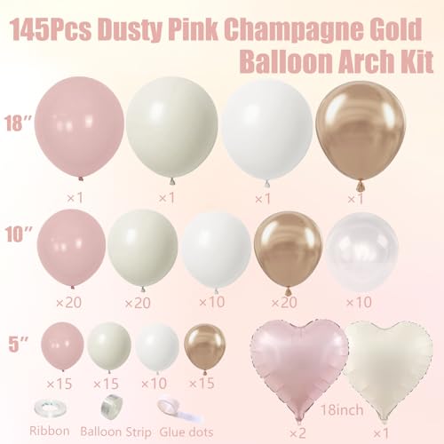 Image of Dusty Pink Balloon Arch Kit,145Pcs Retro Blush Pink Sand White Cream Neutral Metallic Champagne Gold Balloons Different Size for Baby Shower Bridal Anniversary Birthday Party Decoration