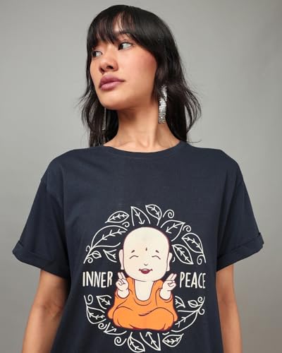 Image of Bewakoof Women's Typography 100% Cotton T-Shirt - Boyfriend Fit, Round Neck, Half Sleeves