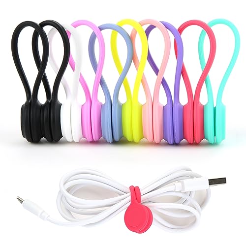 Magnetic Cable Ties, 10 PCS Reusable Cable Clips Cord Organizer Multipurpose Silicone Magnet Twist Ties USB Cable Manager for Home, Office, Cord, Earphone, School, Travel, 9 Colors(11 CM)
