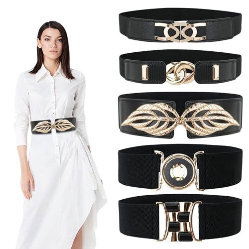 5 PCS 31.5cm Wide Waist Belts for Women, Vintage Elastic Belt for Dress, Stretchy Waistband Belt with Metal Buckle, Fashion Waist Belts Perfect for Women Dresses, Sweater and Shirt (Black)3