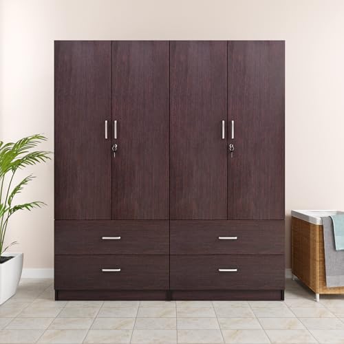 Image of VIKI Wardrobe |Wooden Almirah for 4 Door 4 Drawer with Shelves & Hanging Space Wardrobe (Dark Wenge - 40D x 160W x 180.8H) | 1 Year Warranty | Free Assembly
