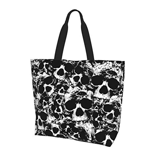AABSTBFM Black And White Human Skull Printed Shopping Bags For Women Ladies Girls - Large Reusable Waterproof Shoulder Tote Bag, Grocery Bags, Shopper Handbag, And Beach Bag