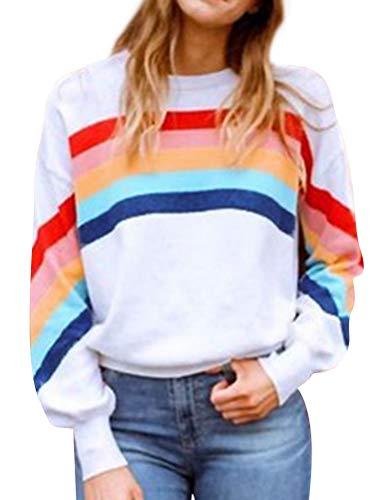 Dresswel Damen Regenbogen Sweatshirt Gestreift Pullover Pulli Jumper Farbblock Langarmshirt Bluse Elegant Oberteile (Weiß, S) Cover