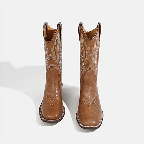 MissHeel Square Toe Cowgirl Boots Embroidered Block Chunky Heel Brown4