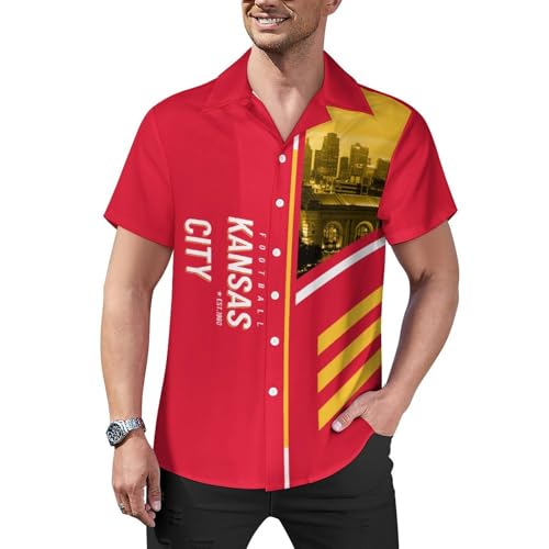 Men's Football Hawaiian Shirts City Night Skyline Team Short Sleeve Button Down Shirt Football Fans Gift Game Day Beach Shirt