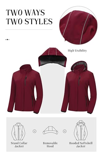 Pursky Women's Softshell Jacket Lightweight Fleece Lined Rain Jacket Waterproof Warm Windbreaker Coat With Removable Hood3