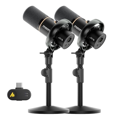 MAONO PD200W Hybrid Wireless Podcast Equipment Bundle for 2, XLR USB Dynamic Microphone Kit with 2 Desktop Stand, for Co-hosted Podcast, Vocal Recording, Content Creation