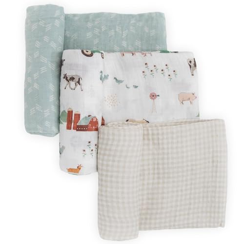 Image of Little Unicorn Premium Muslin Swaddle Blanket 3 Pack | for swaddling, Play, Nursing & More | Giftable Set of 3 (Farmyard)