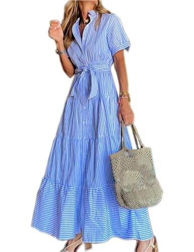 Image of Ladyful Women Striped Shirt Maxi Dress Short Sleeve Tie Waist Long Dress