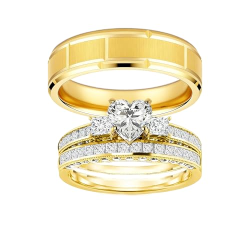 S925 Silver 10K 14K 18K Gold Couple Wedding Bands Ring Set for Women and Men 1-3 Carat Moissanite Couple Matching Bridal Rings Sets 3pcs Engagement Rings Set for Her and Him Free Engraving