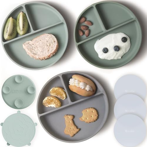 Image of Moonkie Suction Plates for Baby | 100% Silicone BPA-Free Baby Plates with Lids and Food Cover | Divided Design | Microwave and Dishwasher Safe | Toddler Plates 3 Pack