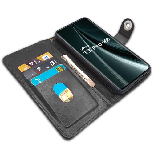 Image of Pikkme Flip Cover Leather Finish | Inside TPU with Card Pockets | Wallet Stand and Shock Proof | Complete Protection Button Flip Case for Vivo T3 Pro 5G / iQOO Z9s Pro 5G (Black)