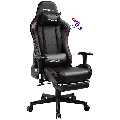 GTRACING Gaming Chair with Footrest, Bluetooth Speakers Ergonomic Carbon Fiber Leather High Back Music Video Game Chair Heavy Duty Computer Office Desk Chair,Black