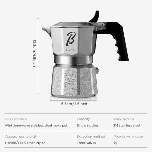 Image of Bincoo Small Italian Moka Pot 1 Cup - Stovetop Espresso Maker for Rich Coffee,316 Stainless Steel - Three-Valve Pressure Boosting Design (1, Cups)