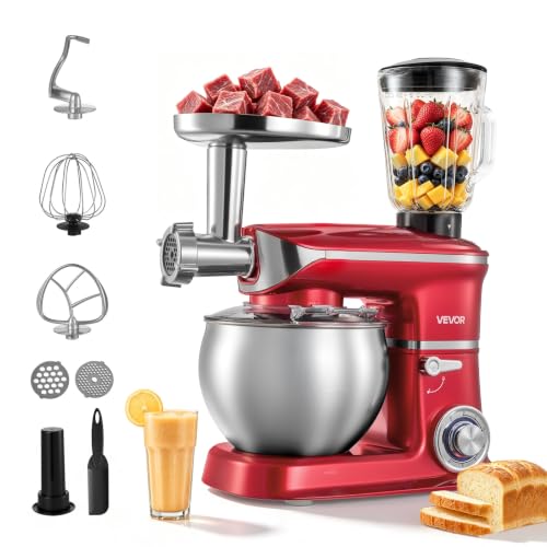 Image of VEVOR 6.3 Qt 3-in-1 Tilt Head Stand Mixer 400W Electric Dough Mixer, Multifunctional Food Kitchen Mixer with Stainless Steel Bowl, Meat Grinder and Blender Attachments, Dough Hook, Whisk, Beater