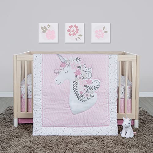 Image of Sammy & Lou Unicorn Floral 4-Piece Baby Nursery Crib Bedding Set for Girls, Includes Quilt, Fitted Crib Sheet, Crib Skirt, and Plush Toy