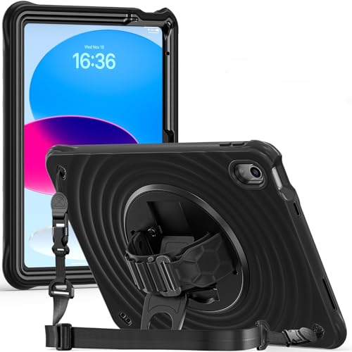 Image of Case Cover for Apple iPad (A16) 11th /10th Gen 2025 /2022, Rugged 3 Layer Case for Apple iPad 11th /10th Gen 2025 /2022 with Rotating Kickstand and Shoulder Strap, Black