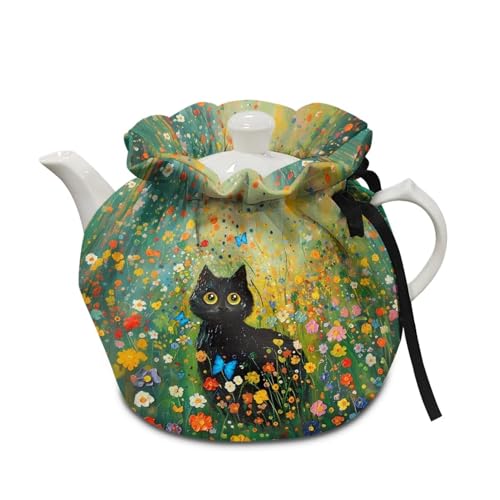 Image of Xoenoiee Black Cat Vibrant Flower Print Tea Pot Cosy Cotton Tea Cozy for Teapots Dust Cover Insulated Kettle Cover Teapot Warmer for Home Kitchen Decorative Accessories