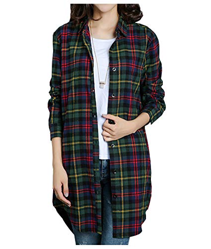 Kedera Womens Flannel Plaid Shirts Long Sleeve Pockets Mid-Long Casual Boyfriend Shirts Green Red