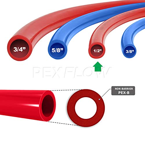 Pexflow PXKT30012 Pex Starter Kit - Crimper & Cutter Tools, 1/2-In Brass Elbow & Coupling Fittings, 1/2-In Stainless Steel Cinch Clamp, 1/2-In Half Clamp, 1/2-In X 300ft PEX Tubing (1 Red + 1 Blue)
