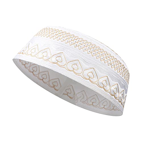 Miocloth Muslim Kufi Prayer Hat For Men Boy Embroidery Kufi Cap Islamic Prayer Round Hat Summer Headwear Yellow #TOP1