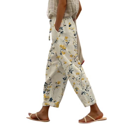 Cotton Linen Pants for Women Casual Capri Elastic Waist Pants Vacation Beach Cropped Trousers with Pockets