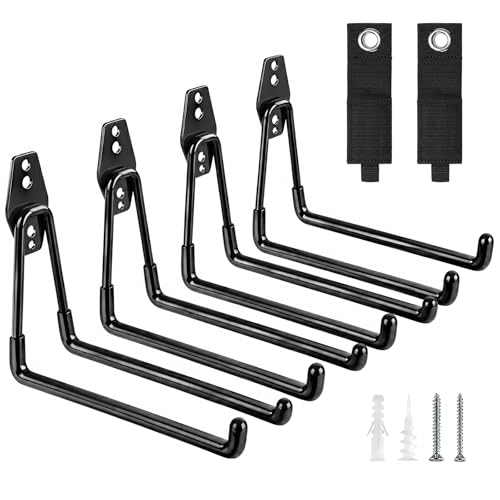 Garage Hooks Heavy Duty, 4 Pack Large 7.5 Inch Ladder Hooks Black | Steel Garage Storage Hooks, For Hanging Bikes, Tools, Chairs, Hoses, Ropes and Other Bulk Items, With Anti-Slip Coating