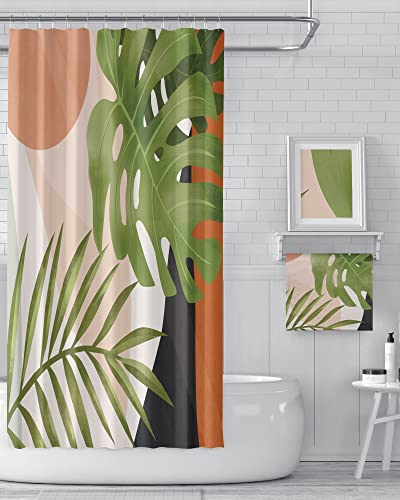 Ysohq Mid Century Boho Shower Curtain Tropical Green Botanical Leaf Palm Plant Abstract Aesthetic Geometric Patterned Shower Curtain Set For Bathroom Waterproof Stall Bathroom Decor 72X72 Inch #TOP1