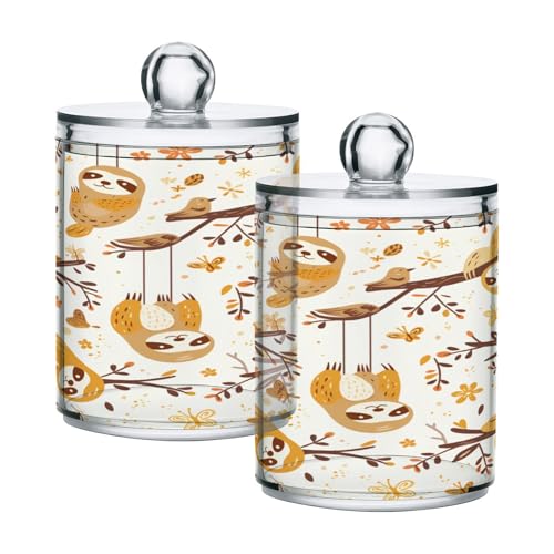 Kigai Cute Sloth Qtip Holder Dispenser 12 oz Plastic Apothecary Jars with Lid Bathroom Containers Makeup Organizer for Cotton Ball, Swab, Round Pads, Floss, 2 Pack