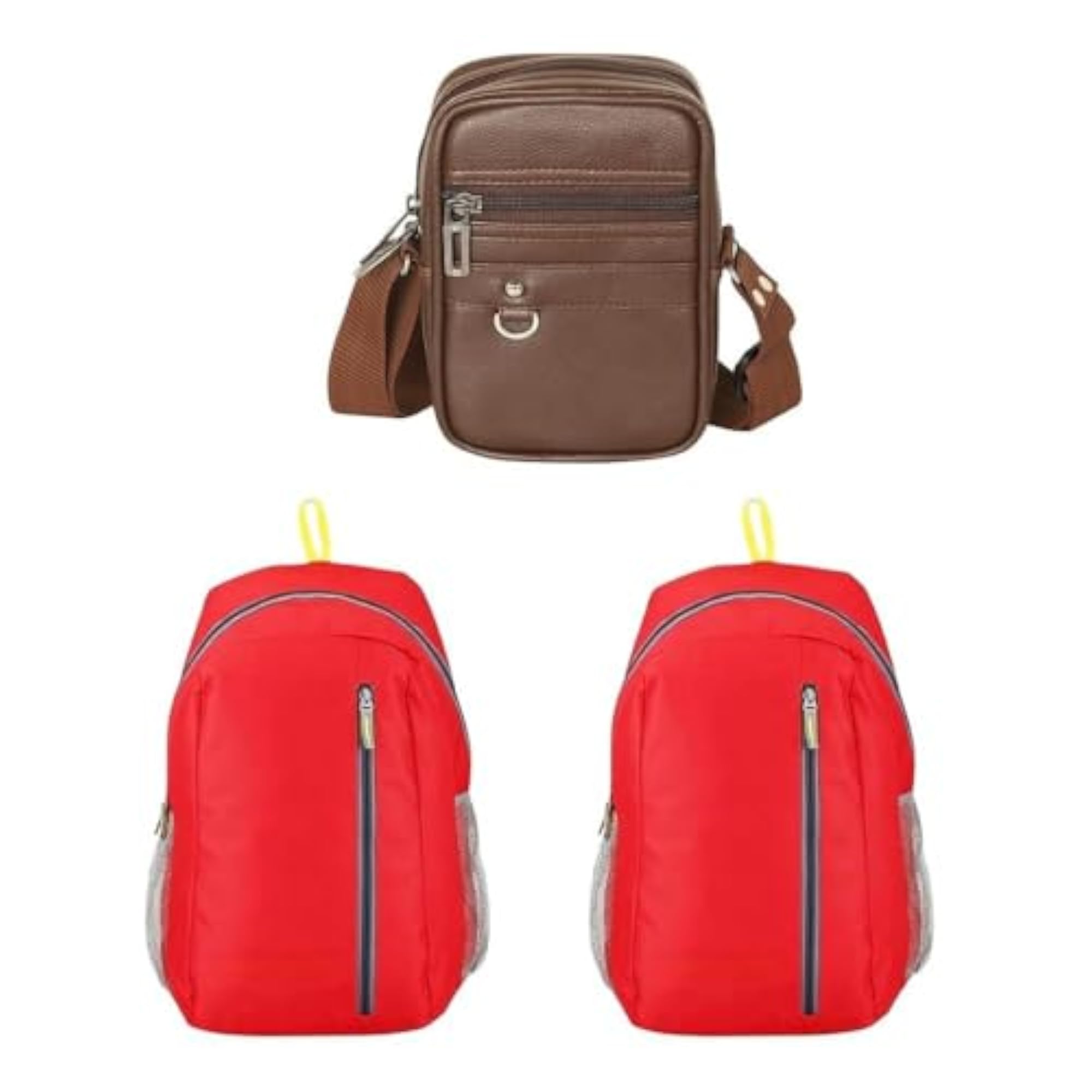 Brown Crossbody Sling Bag & Red Backpack Combo
