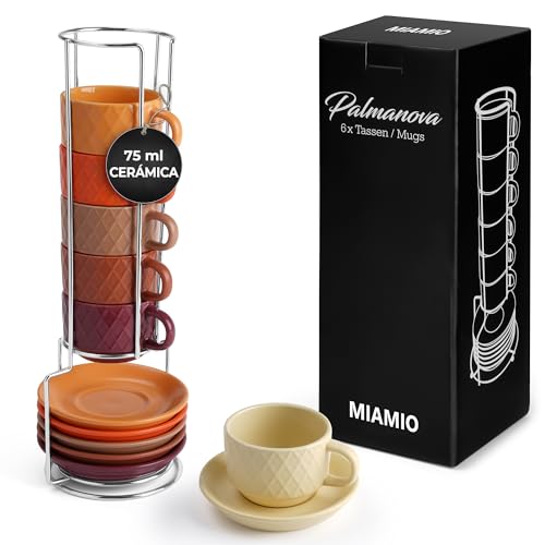 MIAMIO   Juego de tazas de espresso de 6 x 75 ml / Tazas de espresso con patrón de diamante de cerámica   Colección Palmanova (Magma Edition)
