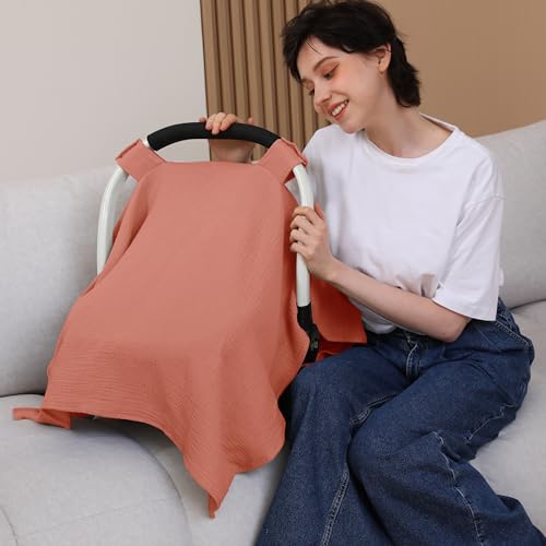Image of 100% Muslin Cotton Car Seat Cover Baby, Carseat Canopy Cover, Universal Fit Stroller Covers for Boys and Girls (Blush)