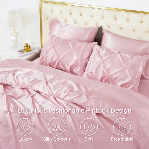 Image of BEDELITE Satin Comforter Set Queen Size, 7 Pieces Pintuck Bed in A Bag with Comforter, Flat Sheet, Fitted Sheet, Pillowcases, Shams, Soft Cozy Similar to Silk Bed Set for All Seasons (Pink)
