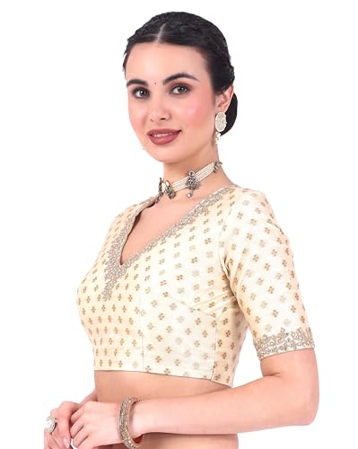 Image of Studio Shringaar Women's Brocade Embroidered V-Neck Readymade Elbow Length Sleeves Saree Blouse