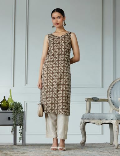 Image of Ichaa Women's All-Over Printed Sleeveless Kurta | Straight Fit Ethnic Kurta | Round Neck Casual Ethnic Wear Kurta