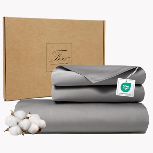 Ferò Set Copripiumino Una Piazza e Mezza Cotone 200x200, 2 Federe 50x75, Pregiato Raso di Cotone 300 TC Fibra Lunga con Proteine della Seta, Sacco Copri piumino singolo, Duvet Cover, Grigio