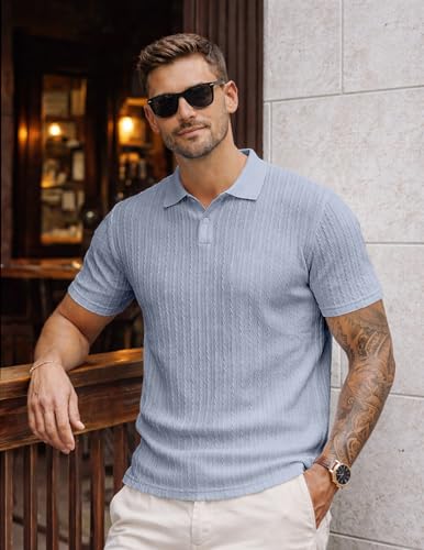 Image of JMIERR Mens Casual Polo Shirt Summer Short Sleeve Vacation Button Beach Knit Stretchy Golf Shirts