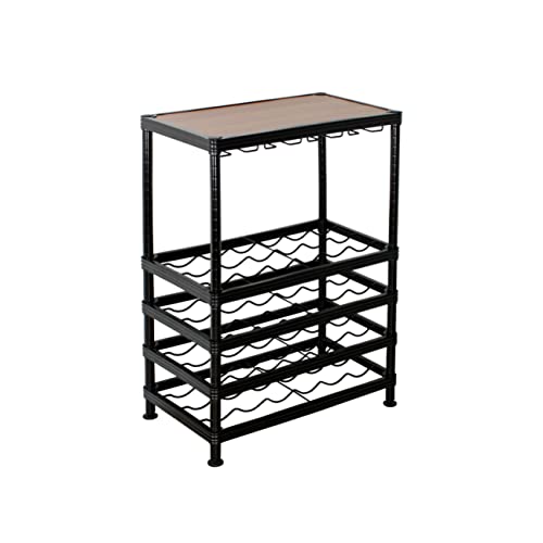 Saferacks Freestanding Wine Rack With Wood Table Top And Glass Holder, Holds 24 Bottles And 9 Wine Glasses, Adjustable Metal Wine Storage Display Shelves For Kitchen, Bar, Dining Room - Matte Black #TOP1