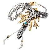 [silver KYASYA]ステンレス フェザーネックレス インディアンジュエリー メンズ イーグル 特大 羽根 太陽メタル 金爪 ターコイズ 燻し加工 あずき 太角チェーン 男性 金属アレルギー対応 ペンダント
