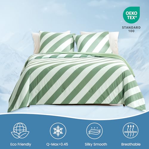 Snuggle Sac Mediterranean Stripe Cooling Comforter Queen Size Set, Q-Max >0.45 Striped Cooling Blanket for Hot Sleepers & Night Sweats, Double-Sided Lightweight Breathable Summer Quilt, 90x90 Green by Snuggle Sac - Used condition - Image 2