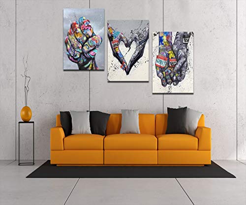 Classic Street Art Gesture Heart Poster Canvas Wall Art 3-Piece Set Graffiti Oil Painting Hand Of God Wall Decor Modern Home Living Bedroom Office Wall Decor With Wooden Frame For Hang - 72''W X 36''H #TOP2