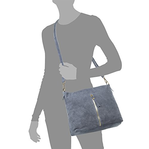 FIRENZE ARTEGIANI. Sac pour femme en cuir véritable. Sac à bandoulière finition camoscio. Poche frontale zippée. Sac bandoulière pour femme. Made in Italy. Vera Pelle Italiana, bleu, Utilitaire – vue 4
