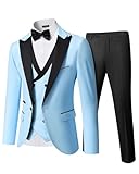 YND Men's 3 Piece Slim Fit Wedding Tuxedo Set, Peak Lapel One Button Suit Jacket, Double Breasted Vest Pants with Bow Tie, Sky Blue