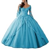 Ballkleider Lang Spitze Brautkleider Langarm Quinceanera Kleider Prinzessin V-Ausschnitt Hochzeitskleider Jade 46