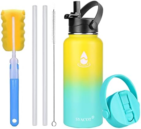 SYACOT 32 oz 40 oz 64 oz Stainless Steel Water Bottle, Insulated Double Wall Vacuum Leak Proof Water Flask, Metal Thermo Canteen Mug —Wide Mouth with 2 Straw Lids (32 oz, Neon)
