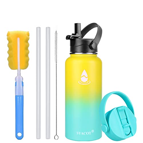 Syacot 32 Oz 40 Oz 64 Oz Stainless Steel Water Bottle, Insulated Double Wall Vacuum Leak Proof Water Flask, Metal Thermo Canteen Mug —Wide Mouth With 2 Straw Lids (32 Oz, Neon) #TOP10