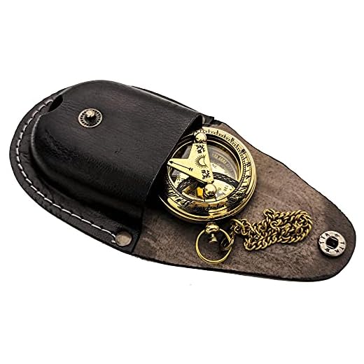 Brass Sundial Compass with Leather Case and Chain - Push Open Compass - Steampunk Accessory - Pocket Sundial Compass - Beautiful Handmade Gift -Sundial Clock, Gold, 2 Inch